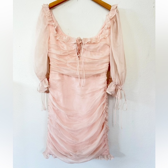 NWT Lovers + Friends Pink Ruched Sheath Dress with Bishop Sleeves Size XS - Picture 2 of 11